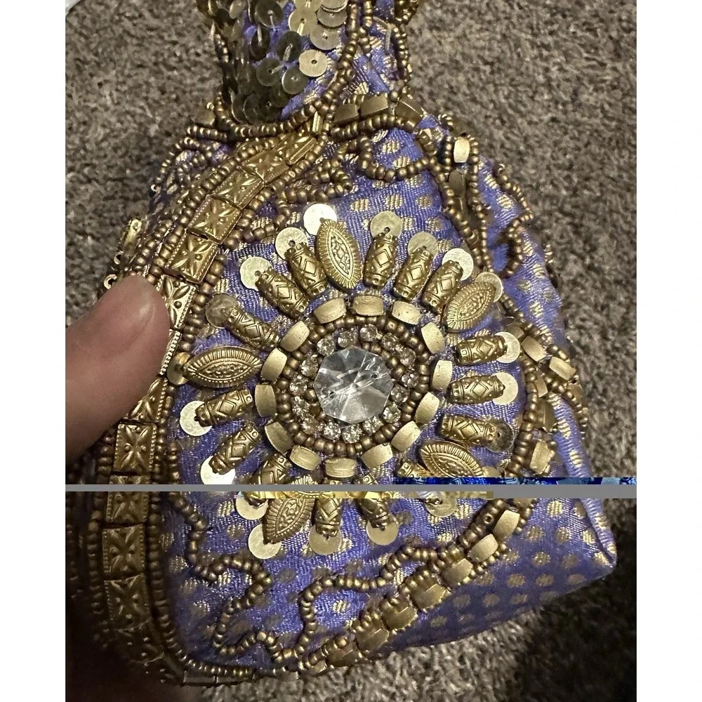 Fortune Cookie Bag Purse Wristlet Blue/Purple w/ Gold color Beads w/ Embroidery